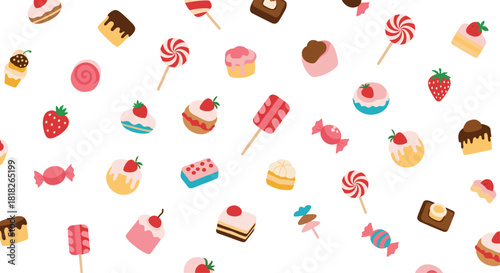 A sweet and colorful seamless pattern background filled with various desserts like candy cupcakes ice cream and strawberries.