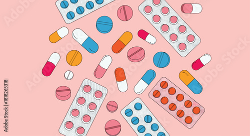 A colorful background pattern of various pills capsules and tablets scattered on a light pink surface representing medicine.