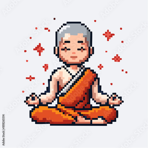 Pixel art illustration of a serene young monk meditating in a lotus position, surrounded by subtle red sparkles, depicting peace and spirituality.
