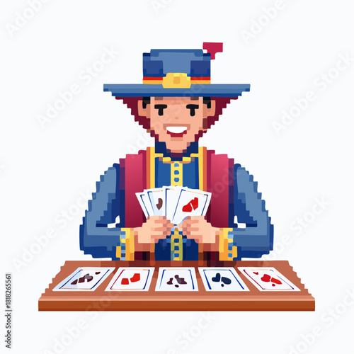 Pixel art character playing cards at a table, smiling, wearing a hat and vest, retro game style.