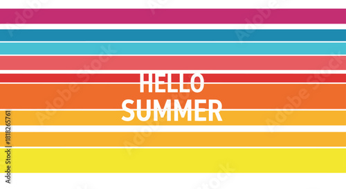 A bright and colorful summer banner with the words hello summer set against a background of vibrant horizontal rainbow stripes.