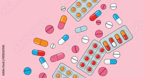 A colorful assortment of various medical pills capsules and tablets scattered randomly on a flat pink background.