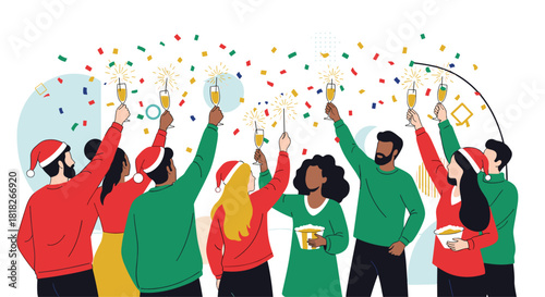 A diverse group of friends in Santa hats celebrates a Christmas or New Year party toasting with champagne under confetti.