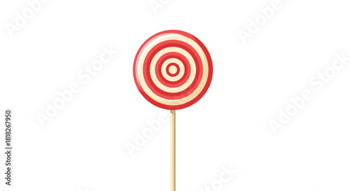 Classic red and white striped spiral lollipop on a stick a sweet candy treat isolated on a white background.