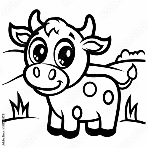Cute cartoon cow standing in a field isolated on