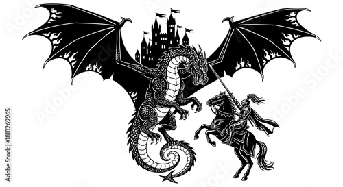 Dragon knight castle fantasy medieval warrior horse battle tale spear wings monster silhouette artwork design