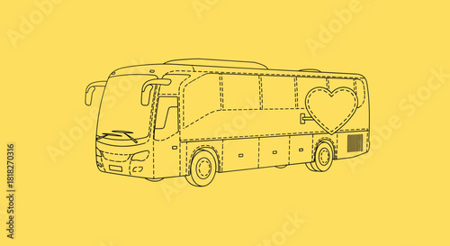 Illustration of a bus with a heart on a yellow background, line art style.