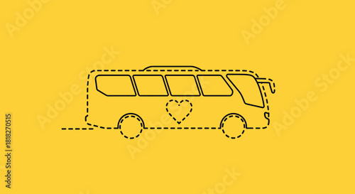 A yellow bus with a heart on its side, depicted in a dotted line style.