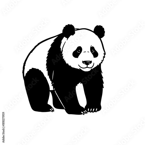 A charming black and white hand-drawn illustration captures the iconic and beloved giant panda, symbolizing wildlife conservation and natural beauty with a friendly expression.