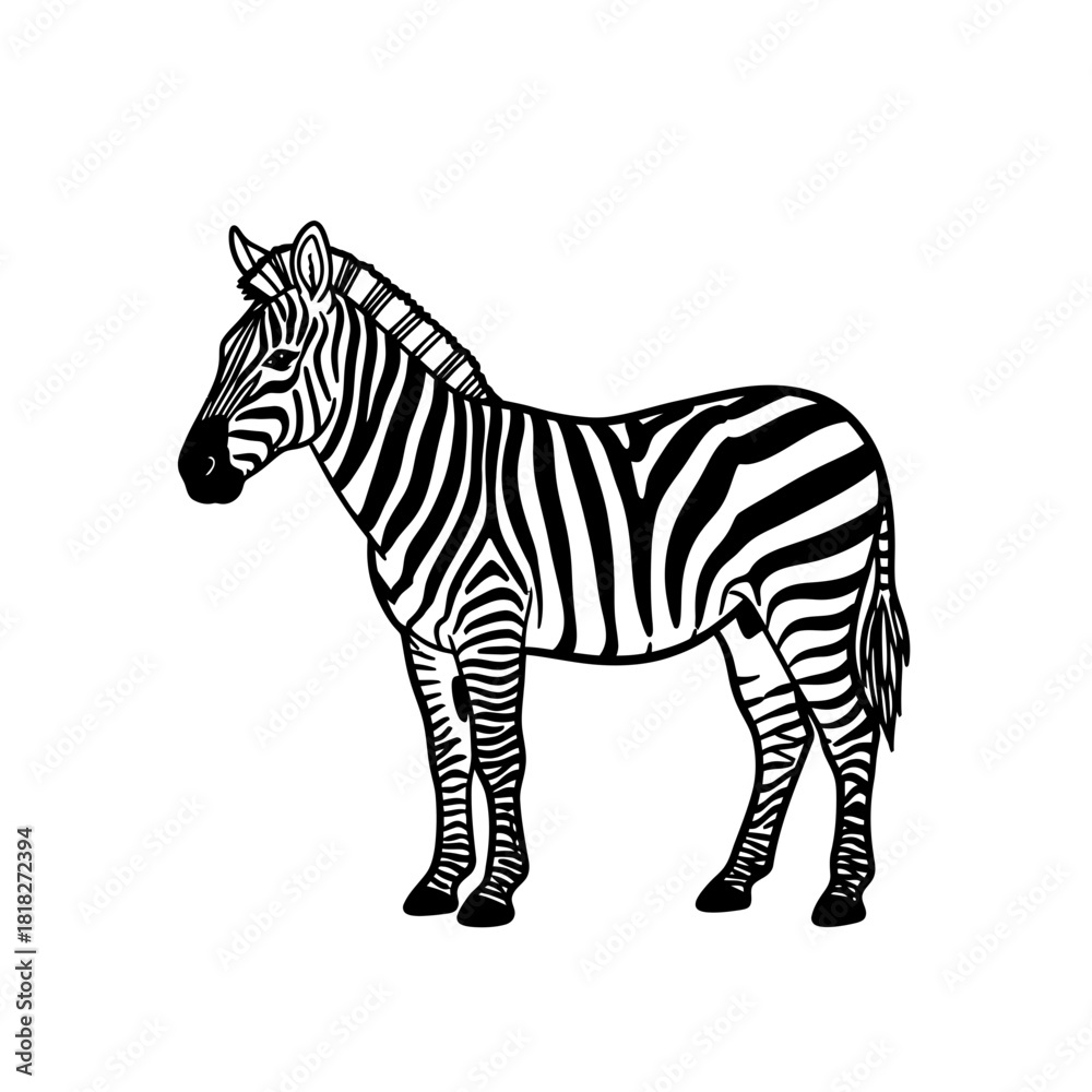 Obraz premium A captivating black and white illustration of a zebra, showcasing its distinctive striped pattern and elegant form, ideal for educational materials or graphic design.