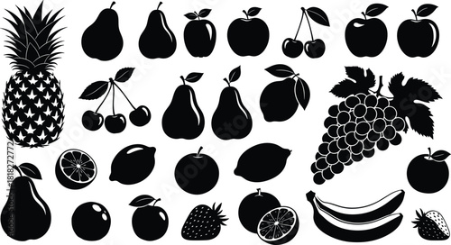 Collection of fruit silhouettes including apples, pears, cherries, citrus, bananas, grapes, pineapple and berries, perfect for food design and healthy lifestyle graphics