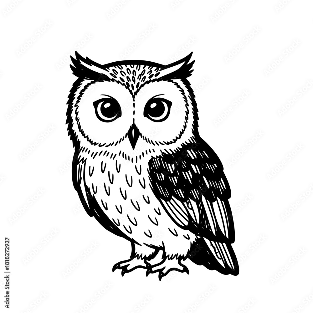 Fototapeta premium A charming hand-drawn illustration depicting a wise great horned owl with prominent ear tufts, rendered in a striking black and white ink style.