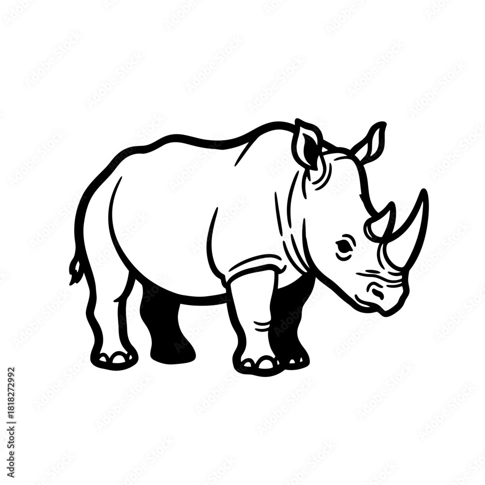 Fototapeta premium A powerful rhinoceros is depicted in a striking black and white line art illustration, perfect for various graphic design projects and educational materials.