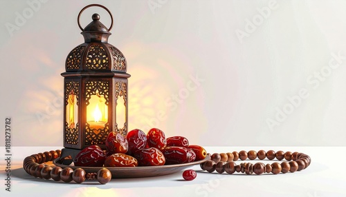 Ramadan food and drinks concept. Ramadan Lantern with Arabian lamp, wood rosary, dates fruit and lighting on white background.