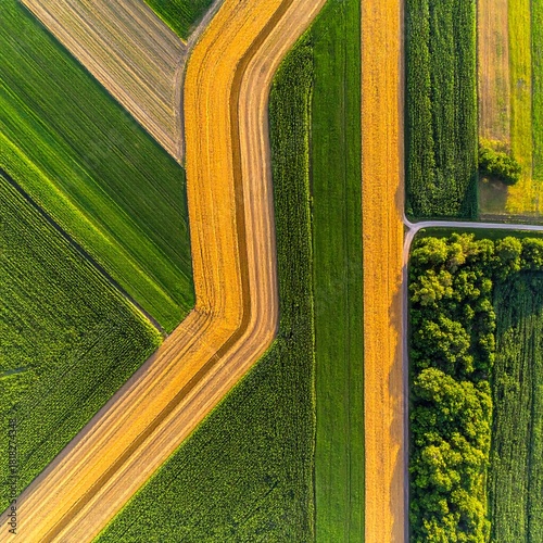 Aerial view showcases a mosaic of vibrant farmland with fields of varying hues and textures, with a tree border and roads