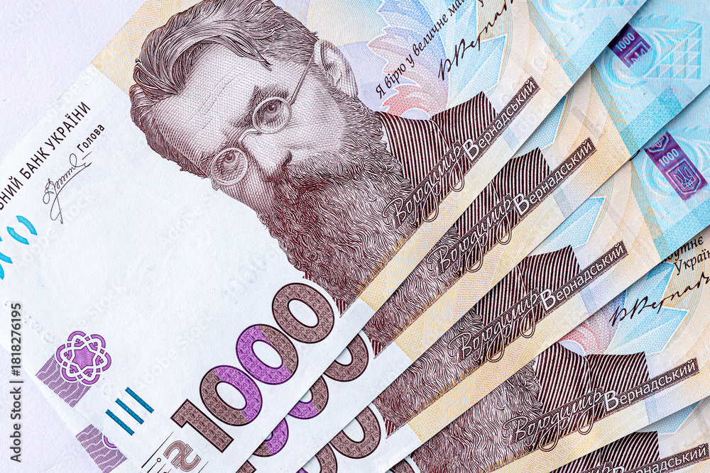 Φωτογραφία Ukrainian money, texture from Ukrainian banknotes in the denomination of one thousand hryvnias, the banknote depicts Vernadsky