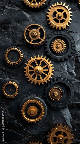 Industrial Gears in Motion: A close-up shot of an array of golden and dark gears arranged artfully on a textured, rough surface, revealing the intricate details of mechanical components.