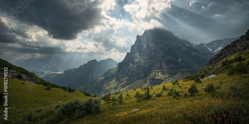 Storm clouds and sun rays over mountain peaks, atmospheric lighting for landscape photography