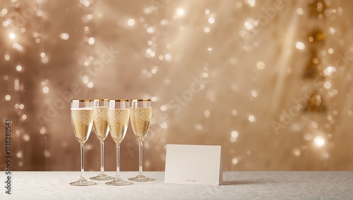 Party elements and glasses with champagne card with space to write, festive celebration setup for social gatherings, New Year's Eve