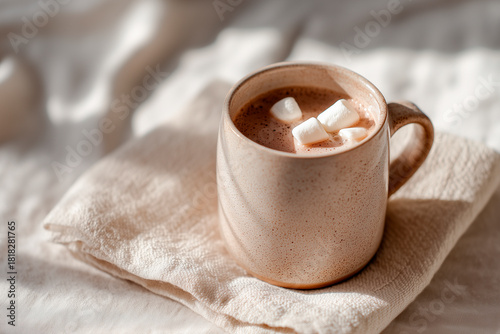 Creamy hot chocolate with marshmallows in a rustic ceramic mug on a soft beige napkin, bathed in warm sunlight.
