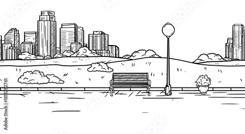 Silhouette of a megalopolis city on horizon and a city park, black and white sketch. Vector illustration. Bushes and a bench, lanterns and a sidewalk, seamless border, isolated on a white background. 