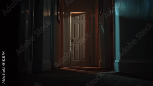 Eerie hallway scene with open door beckoning exploration and mystery, cinematic suspense