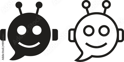 Chatbot flat and outline icon set featuring friendly robot head symbol with message bubble design. Vectors bot illustration for AI communication, customer support, automation concept and technology.