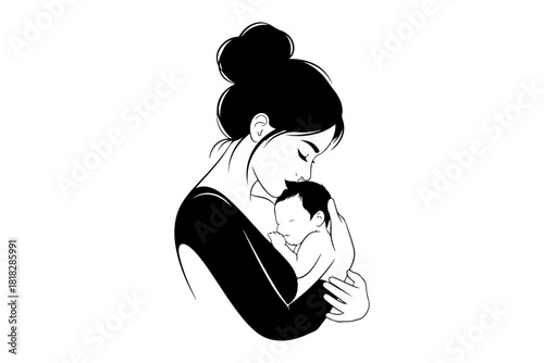 A tender black and white illustration of a mother holding her newborn baby lovingly, showcasing maternal bond and family moments