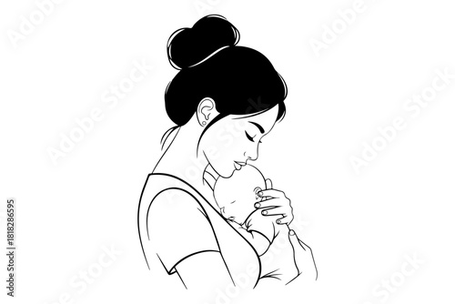 Mother embracing newborn baby in tender moment, a heartwarming monochrome illustration