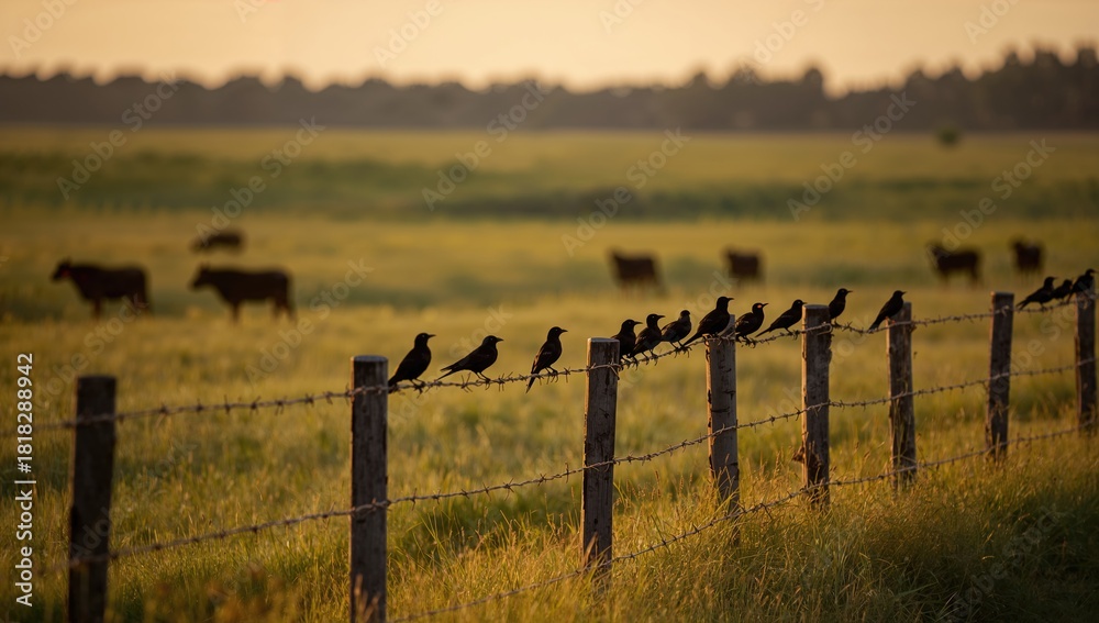 Obraz premium Birds perched on barbed wire fence in grassland during summer evening, emphasizing wildlife behavior, summer, wildlife observation