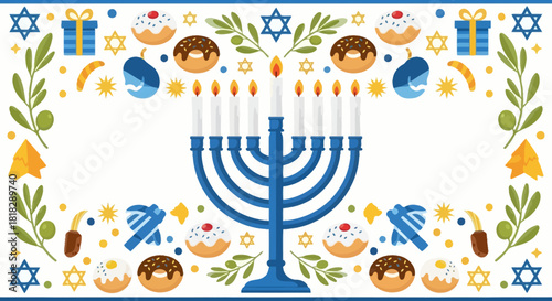 Hanukkah Frame Background with Menorah, Donuts, Dreidels, Olive Branches, and Star of David – Festive Jewish Holiday Illustration