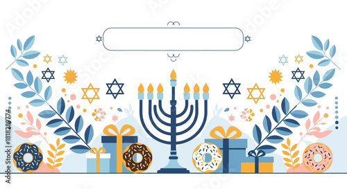 Elegant Hanukkah Illustration with Menorah, Gifts, Donuts, and Decorative Leaves