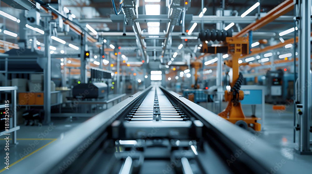 Fototapeta premium Automated factory assembly line with robotic arms and conveyor belt automation robotics