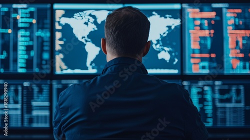 Global export logistics control room with large world map and rising trade analytics graph overlay.