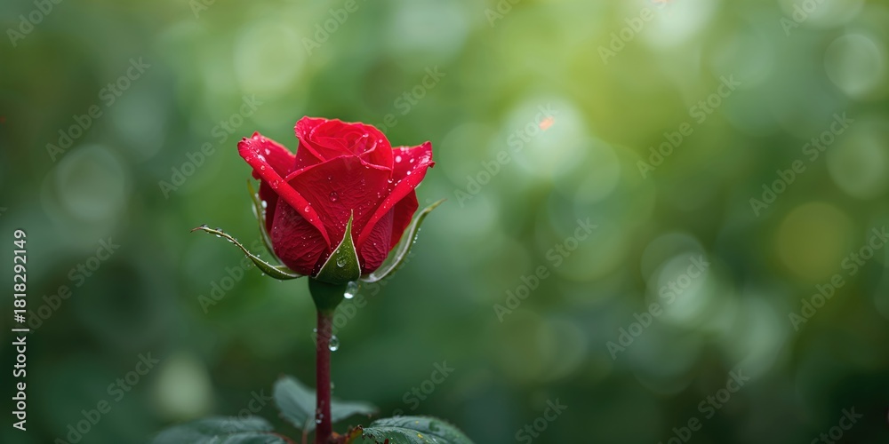 Obraz premium Red rose flower with water drops on a garden bush, suitable for nature background design, World Environment Day