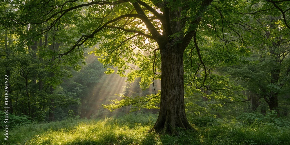 Obraz premium Green forest landscape at sunrise, emphasizing seasonal change and natural preservation