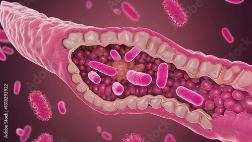 Microscopic animation of probiotic bacteria repairing a leaky gut barrier