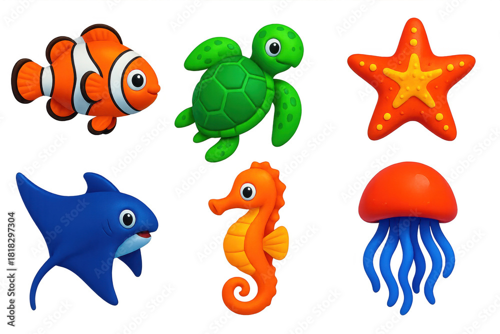 Fototapeta premium Collection of sea creatures including a starfish, a jellyfish, a shark