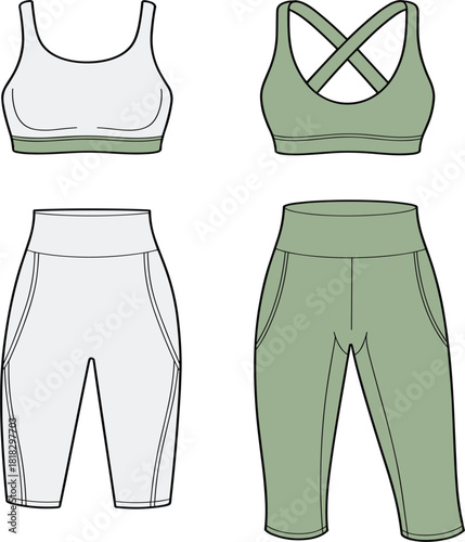 Activewear fashion flat vector set, technical drawing of sports bra and leggings, fitness apparel template