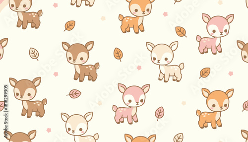 Cute cartoon baby deer fawn seamless pattern with autumn leaves on a light background.