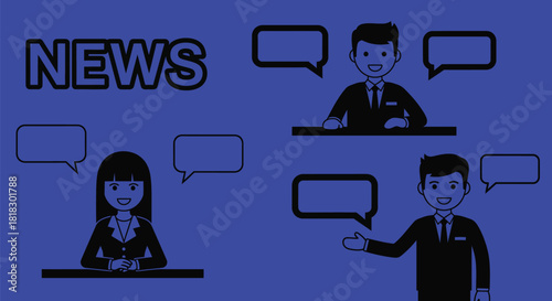 Breaking news anchors reporting live with speech bubbles and discussion