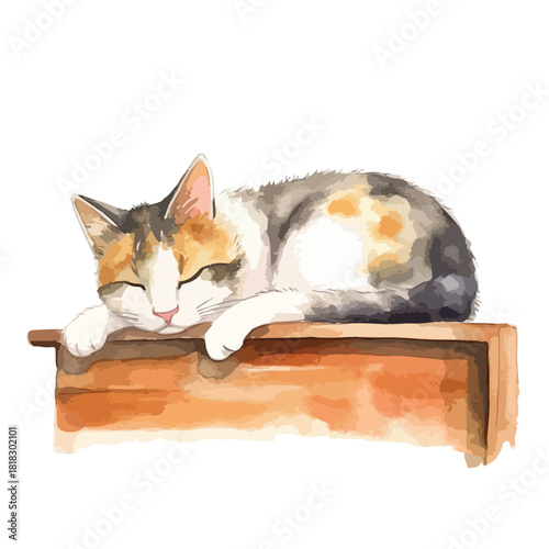Watercolor Calico Cat Napping Peacefully on a Wooden Structure