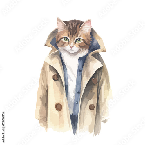 Watercolor Cat in Trench Coat with Stylish Confident Expression
