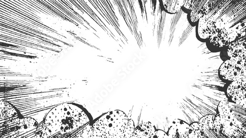 Black and white comic book style explosion burst background with speckles manga action