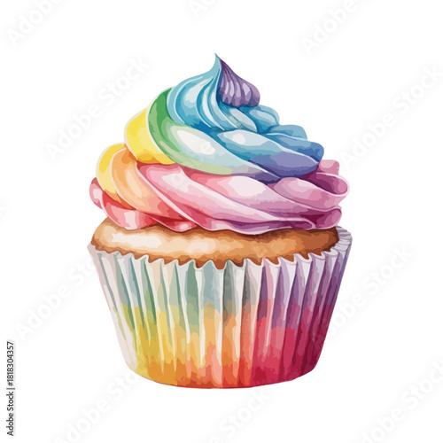 Watercolor Cupcake with Rainbow Frosting and Colorful Paper Liner