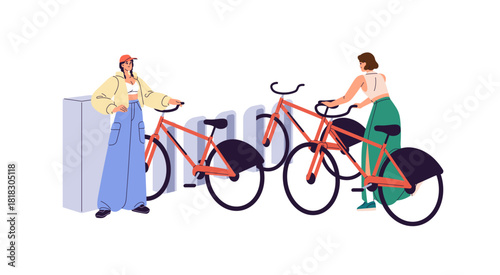Happy girls leave rental bikes on parking place with rack. People rent bicycles, ride and stand it on storage. Women take transport at station. Flat isolated vector illustration on white background
