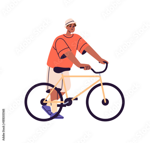 Black cyclist stands with his transport. Happy boy pushes, rolls rental bicycle. Young man rents and rides bike. Bicyclist is cycling while walk. Flat isolated vector illustration on white background