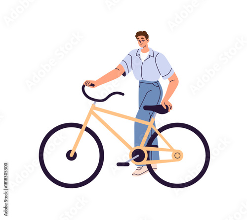 Happy boy rents and takes a sit on bike. Cyclist rides a rental bicycle. Young man is cycling. Urban bicyclist, rider does sport while walk. Flat isolated vector illustration on white background