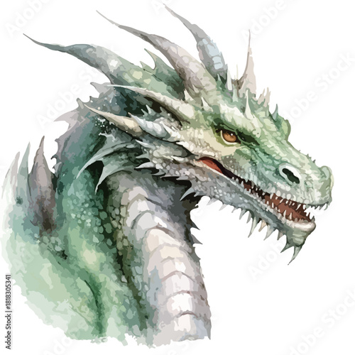 Watercolor Dragon Head with Spiked Crown and Fierce Amber Eye