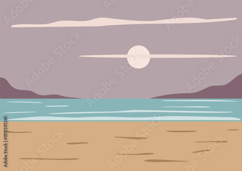 Flat illustration of an empty beach at sunset or sunrise with mountains in the background. Minimalist coastal landscape background.